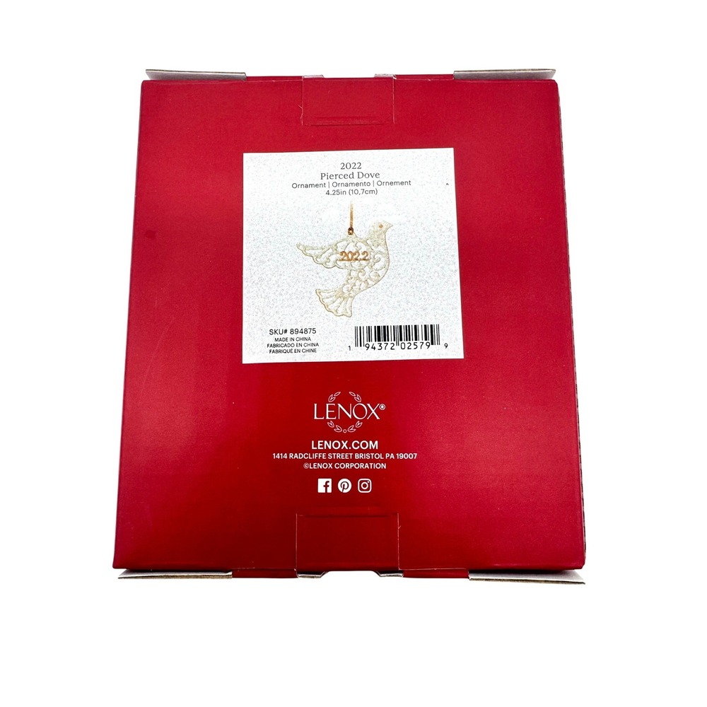 Lenox 2022 Pierced Dove Ornament White Porcelain Gold Charm 894875 New In Box